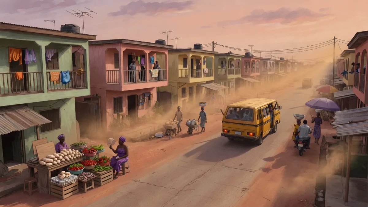 Illustrated Agege street with a yellow minibus and a market stall