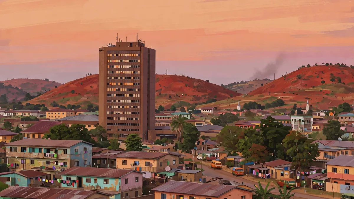 Illustrated Ibadan hillside with a tall brown tower