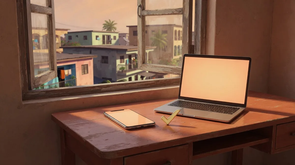 Illustrated laptop and phone on a desk, with a small gold check mark