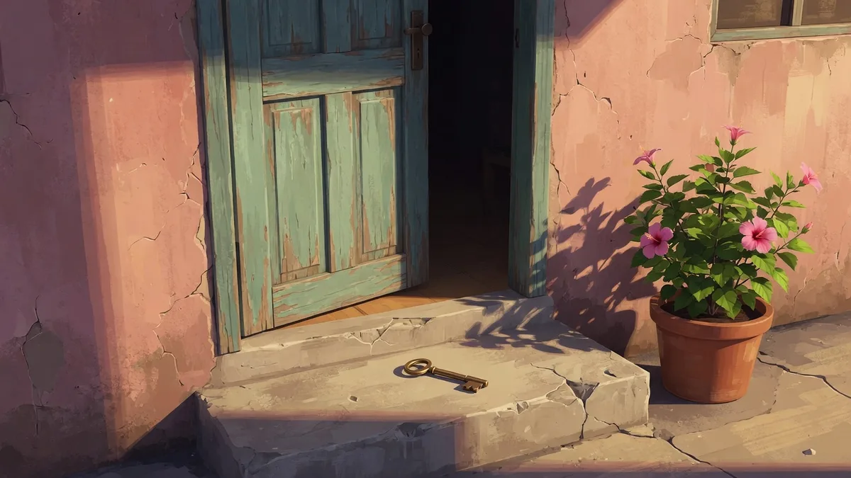 Illustrated open door with a key on the step