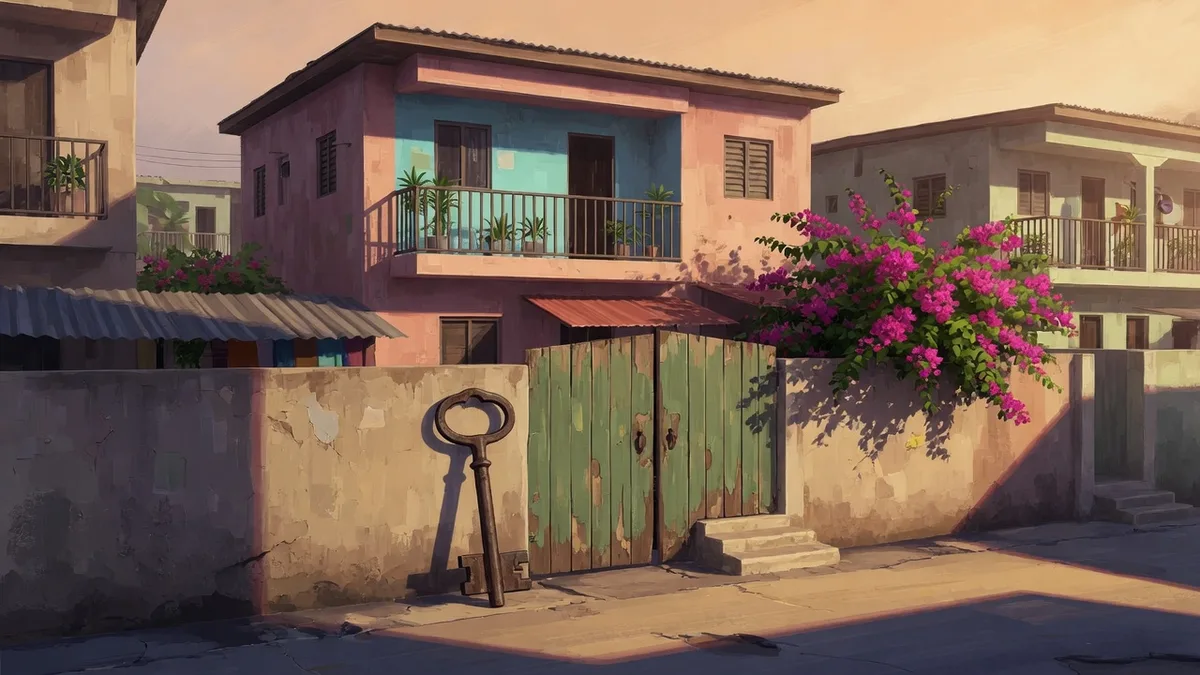 Illustrated two-storey house with a large key by the gate