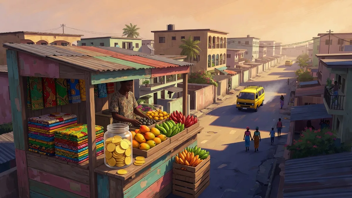 Illustrated market stall with fruit, fabric, and a jar of plain gold tokens