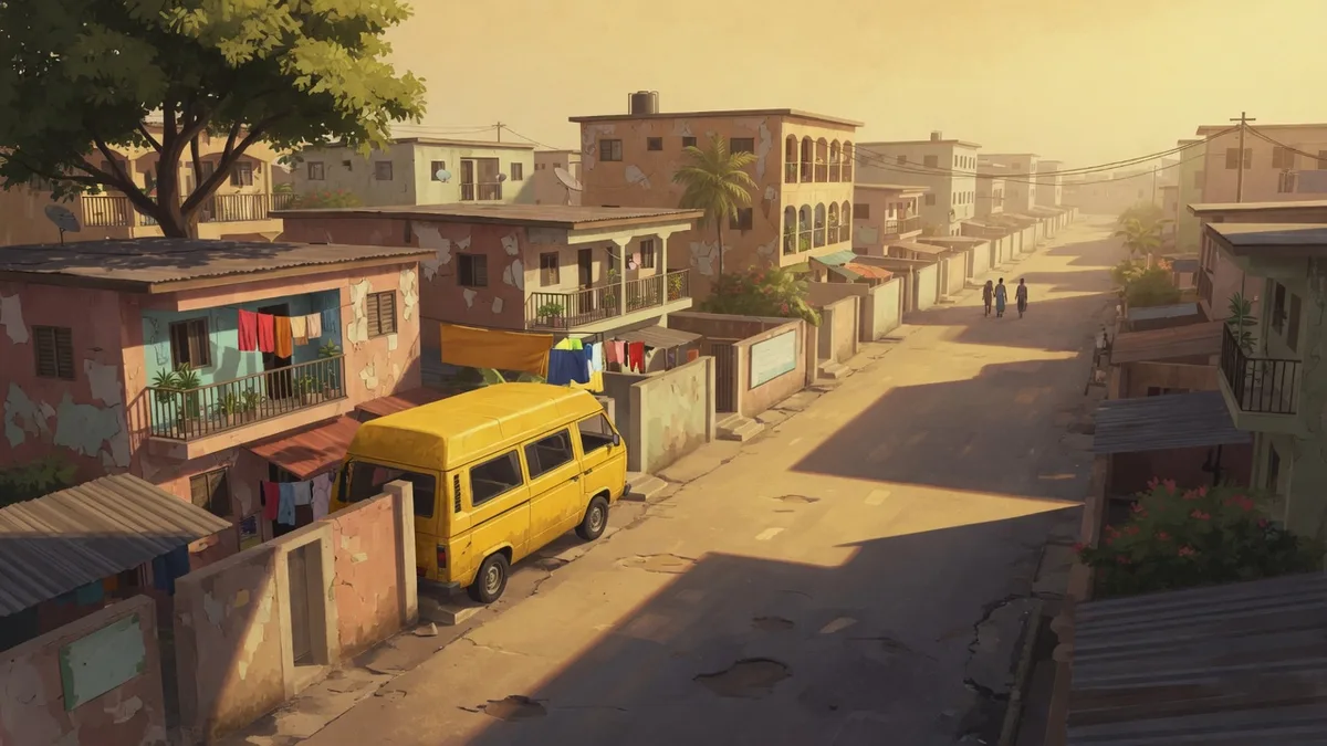Illustrated residential street with houses and a yellow minibus