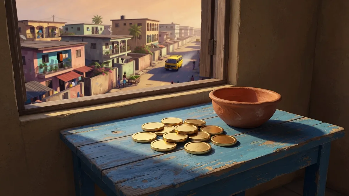 Illustrated plain gold tokens on a table beside a clay bowl