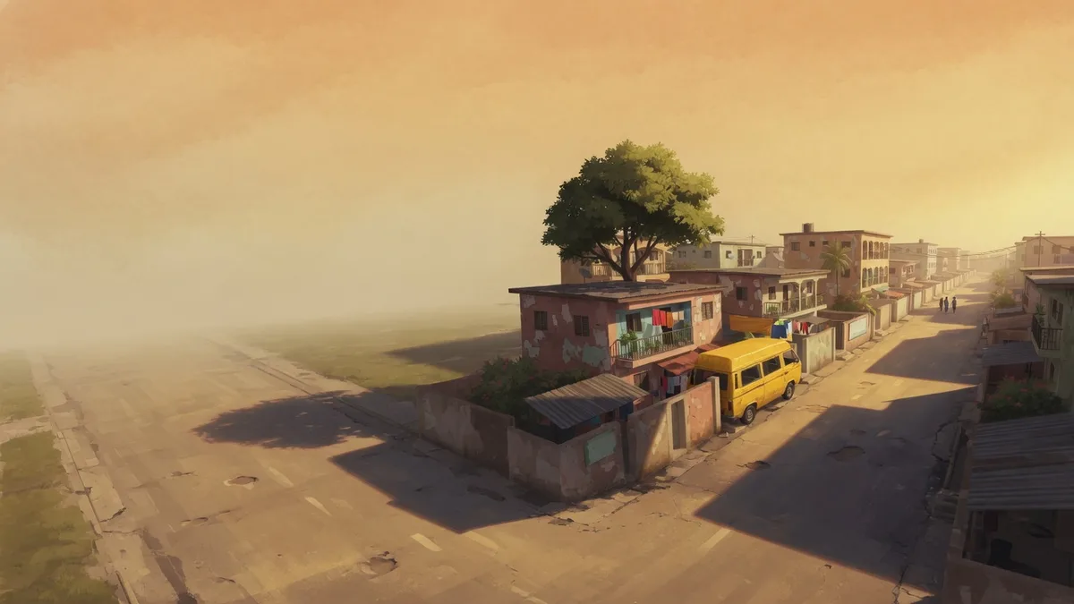 Illustrated Lagos street in the afternoon, with houses and a yellow minibus